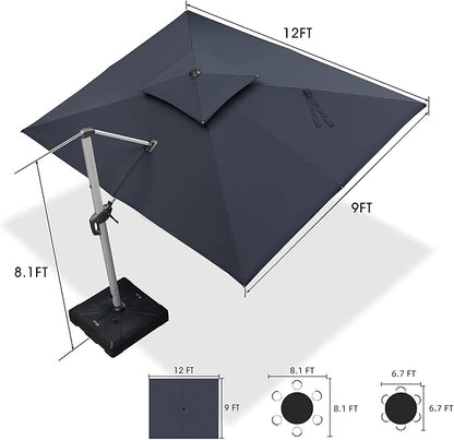 PURPLE LEAF 9 X 12 FT Cantilever Patio Umbrellas with Base Included, Large Square Offset Umbrella with 360° Rotation, Outdoor Aluminum Pool Umbrella for Pool Lawn Garden, Grey