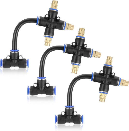 Mornajina 3Packs 3 Way Brass Misting Nozzles Tee with 5inch Built in Hose for Outdoor Cooling System, Adjustable 360° Rotation, Water Mister Nozzles Thread Sprayer 0.043" (1.1 mm)