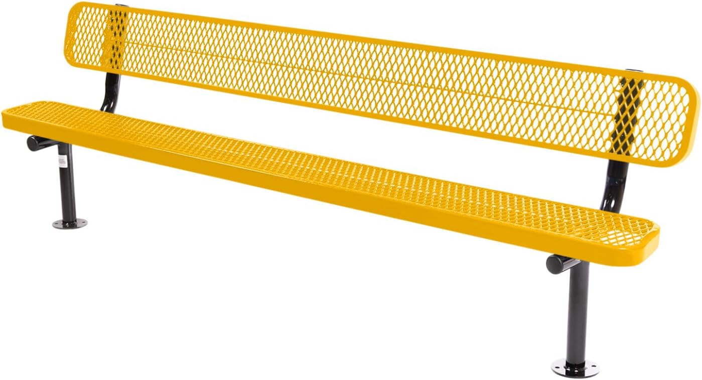 Heavy-Duty Outdoor Bench Thermoplastic Coated, Punched Steel, Commercial-Grade Seating, Made in America (Surface with Back, 8 Ft, Textured Yellow)