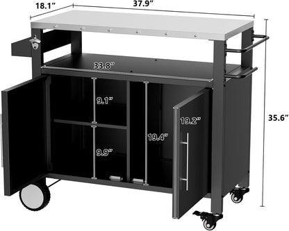 Outdoor Grill Cart with Patio Furniture, Outdoor Grill Table with Storage,Rolling Bar Cart Outdoor BBQ Cart with Hooks and Spice Rack for Grilling Accessories(Double Door, Black)