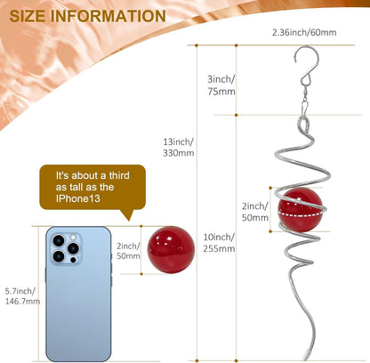 Gazing Ball Spiral Tail with Red Glass Orb - 13" Wind Spinner Stabilizer with Swivel Hook, Hanging Decor for Indoor Outdoor Garden Decor Rotating Art Ornament Christmas Décor & Unique Gift