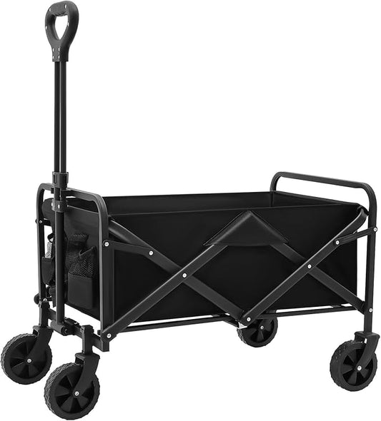 Foldable Wagon Cart with 5 Inch Rubber Wheels and Adjustable Handle Heavy Duty Collapsible Utility Cart for Garden Beach Camping and Shopping Large Capacity and Portable Design Black
