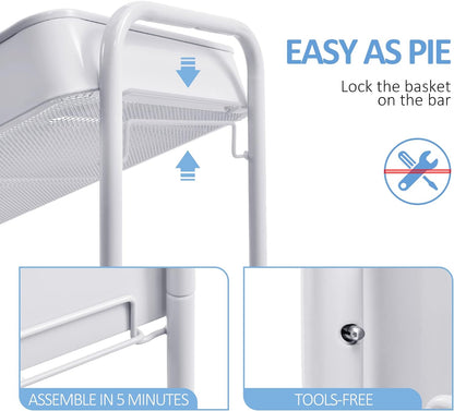TOOLF 3-Tier Rolling Cart with Table Top, Metal Storage Cart on Wheels, Utility Organizer with Wooden Tray, Lockable Casters, Easy Assembly for Bathroom, Living Room, Office, Kitchen, White