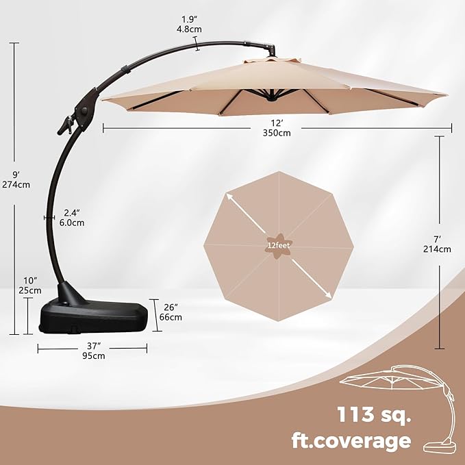Grand patio 12 FT Patio Cantilever Umbrella Outdoor Large Round Aluminum Offset Umbrella Base Included for Deck Yard (Champagne, 12 FT)