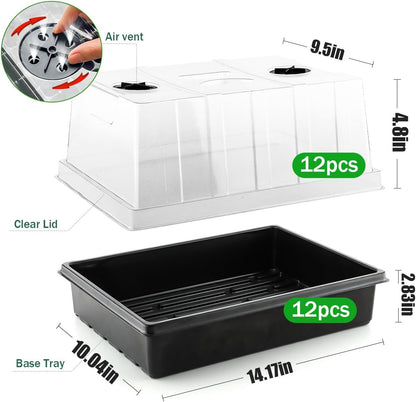 12-Pack Seed Starter Trays with 5'' Tall Humidity Domes – Thick Plastic, Reusable Seedling Tray with Clear Lids for Strong Plant Germination, Ideal Microgreen Growing Trays for Faster Seed Propagation