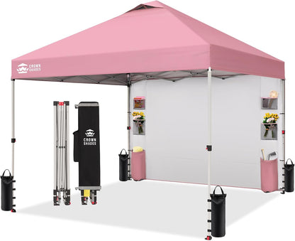 CROWN SHADES Canopy Tent, 10 x 10 Foot Portable Pop Up Outdoor Shelter with Pocket Sidewall, Push Center Lock, UV Protection, and Carry Bag, Pink