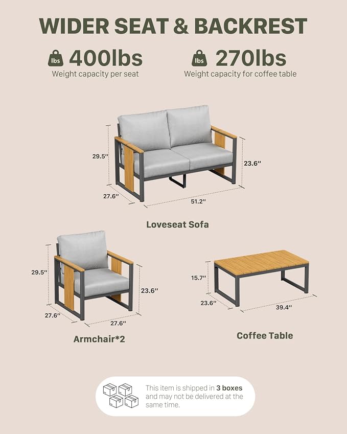 ZANDOR Aluminum Outdoor Patio Furniture Set,4-Piece Sectional Sofa with Coffee Table,Washable Thick Cushions,Modern Patio Conversation Set for Backyard,Garden,Porch,Balcony,Deck,Gray