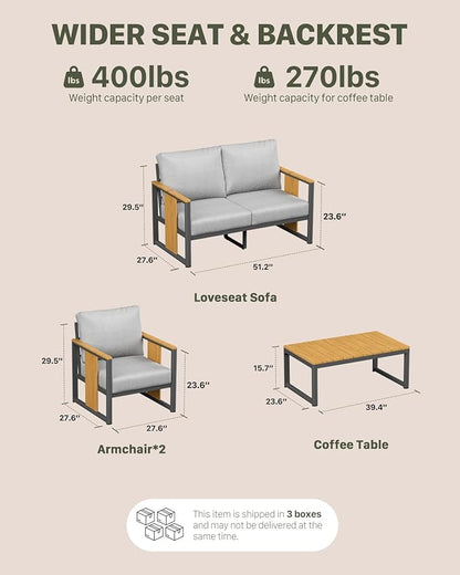 ZANDOR Aluminum Outdoor Patio Furniture Set,4-Piece Sectional Sofa with Coffee Table,Washable Thick Cushions,Modern Patio Conversation Set for Backyard,Garden,Porch,Balcony,Deck,Gray