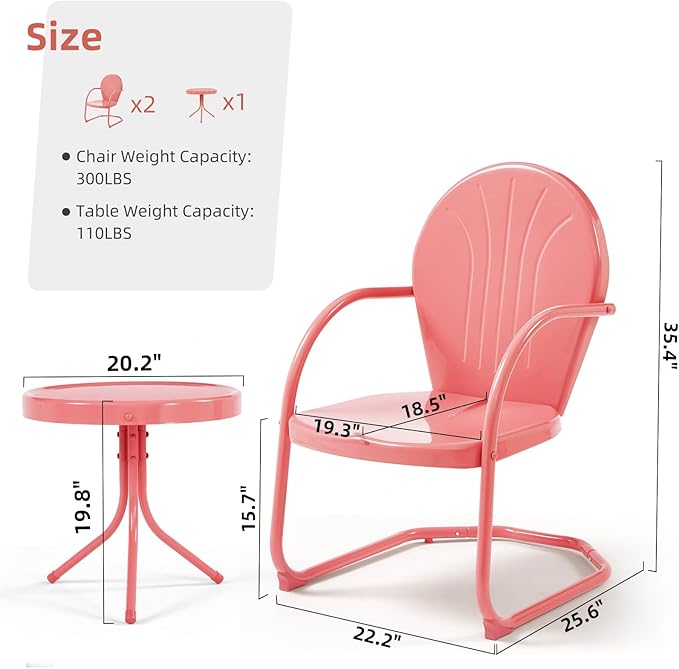 Patio Bistro Set Retro Metal Outdoor Seating Conversation 3 Pieces, 2 C-Spring Motion Armchairs and Round Side Table, for Porch, Lawn, Garden, Pink