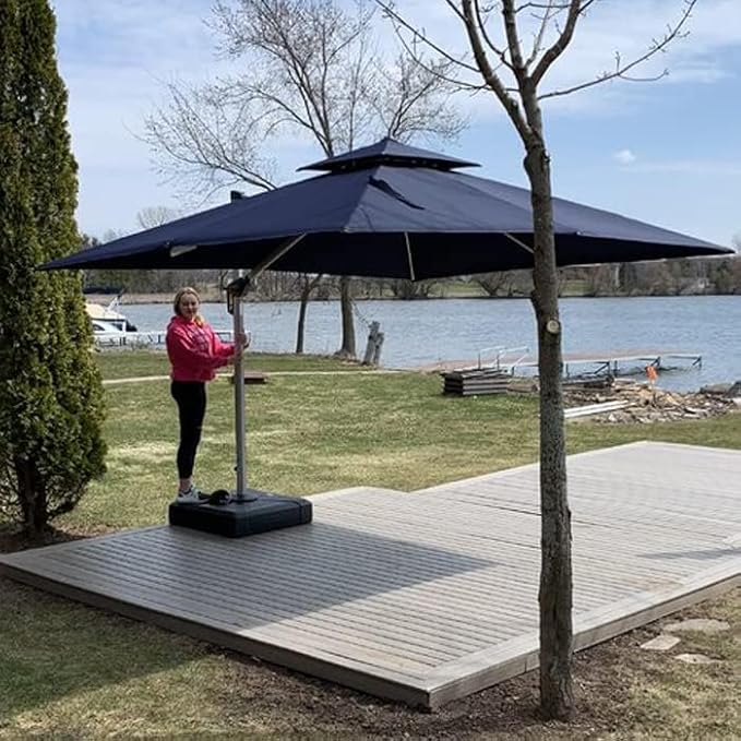 PURPLE LEAF 10 X 12 FT Patio Umbrella with Base Included Cantilever Umbrella with 360° Rotation Outdoor Offset Umbrella Windproof Heavy Duty Sun for Garden, Backyard and Pool, Navy Blue