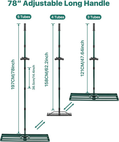 Lawn Leveling Rake 33x10'', Yard Leveling Rake with 78'' Back-Saving Adjustable Handle, Stainless Steel Lawn Leveler Tool with 17'' Tines Head for Garden, Backyard, Farm, Golf Course