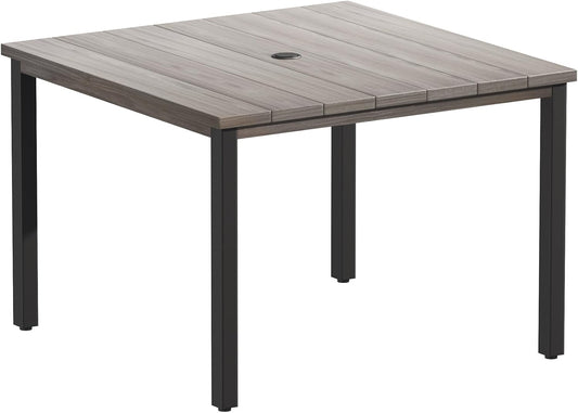VICLLAX 40.2" Square Patio Dining Table for 4, Outdoor Table with Umbrella Hole, All Weather Metal Patio Table, Grey Wood Grain Tabletop