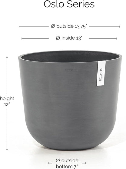 Ecopots Oslo Durable Modern Round Indoor/Outdoor Recycled-Based Composite Flower Pot Planter, Grey, 14"