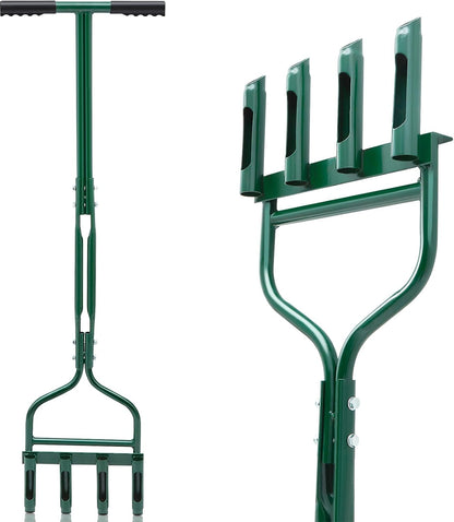 Lasnten Lawn Aerator Tool 42 Inch Manual Core Plug Aerator with 4 Slope Top Half Open Slot Hollow Tines Heavy Duty Plug Core Aerator for Soils Yard Garden, Green