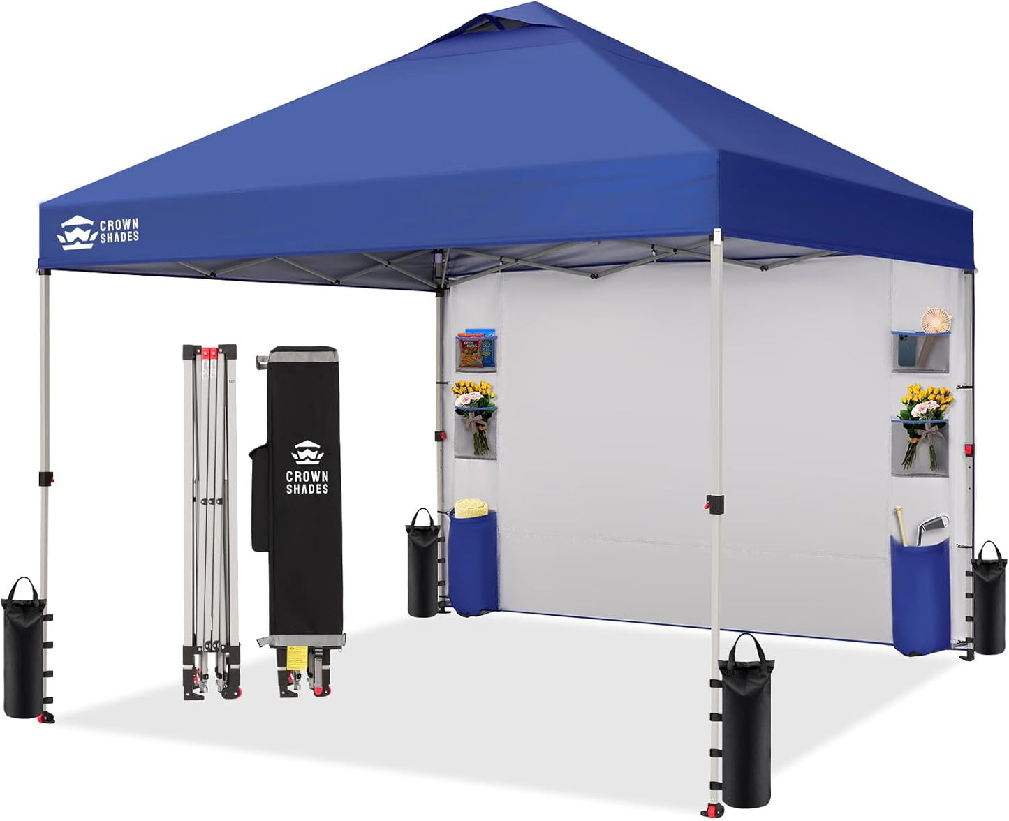 CROWN SHADES Canopy Tent, 10 x 10 Foot Portable Pop Up Outdoor Shelter with Pocket Sidewall, Push Center Lock, UV Protection, and Carry Bag, Navy Blue