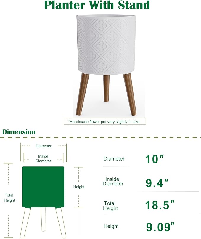 10 Inch Plant Pot with Stand, Planter for Indoor Plants, Modern Large Flower Planter Pot with Drainage Holes for Outdoor, Matte White