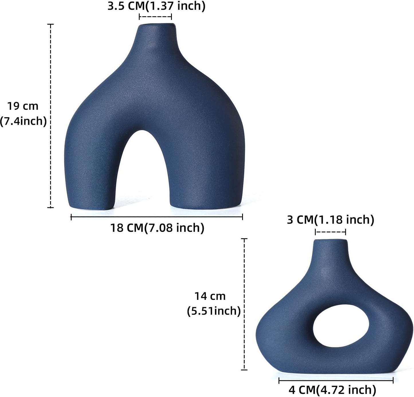 CEMABT Blue Ceramic Vase Set of 2 for Modern Minimalist Bohemian Decor，Round Matte Donut Vases for Pampas Grass-Perfect for Living Room, Dining Table, Office Bedroom Shelf Decor Entryway, Console