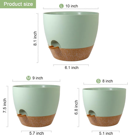 10/9/8 inch Self Watering Pots, Planter, Plant Pots with Mesh Drainage Holes for Indoor Outdoor Garden Plants, Plastic Flower Pots with Deep Reservoir for House Plants, Green with Brown