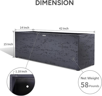 42 Inch Rectangular Concrete Planter（42Lx14Wx15H，58 Pounds）,Durable All-Weather Use with Drainage Holes,Large Rectangular Planter for Outdoor Indoor Plants