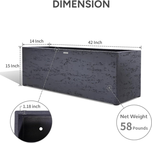 42 Inch Rectangular Concrete Planter（42Lx14Wx15H，58 Pounds）,Durable All-Weather Use with Drainage Holes,Large Rectangular Planter for Outdoor Indoor Plants