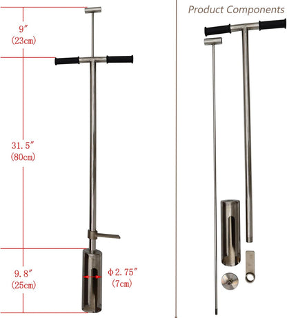 INTBUYING 40’’ Soil Sampler Probe Soil Test Probe with 9.8’’Sample Ejector and Foot Pedal T Rubber Handle Stainless Steel 2.7'' Dia for Soil Sampling Lawn Garden Farm