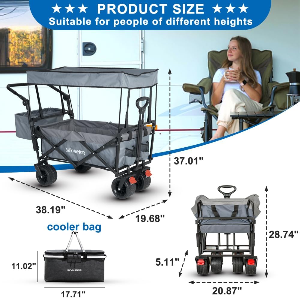 SKYMANOR Collapsible Wagon with Removable Canopy, 3-in-1 Heavy Duty Garden Cart with Big All-Terrain Wheels, Brakes, Adjustable Push Pull Handle, Cooler Bag, 300LBS Wagon Cart for Camping (Grey)