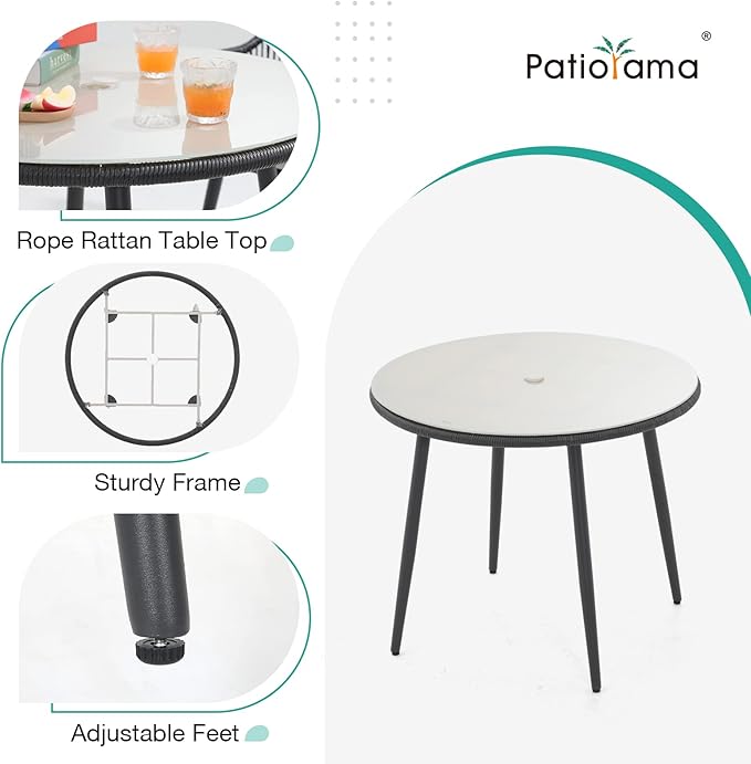 Patiorama 5-Piece Patio Dining Set, Outdoor Dining Table Chair Set, All-Weather Twisted Rattan Wicker Rope Conversation Set, Patio Furniture Set w/Umbrella Hole, 4 Cushioned Chairs&Glass Table(Black)