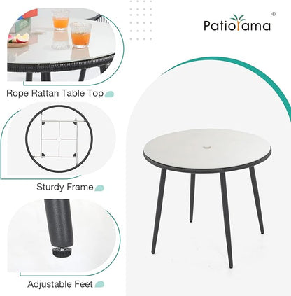 Patiorama 5-Piece Patio Dining Set, Outdoor Dining Table Chair Set, All-Weather Twisted Rattan Wicker Rope Conversation Set, Patio Furniture Set w/Umbrella Hole, 4 Cushioned Chairs&Glass Table(Black)