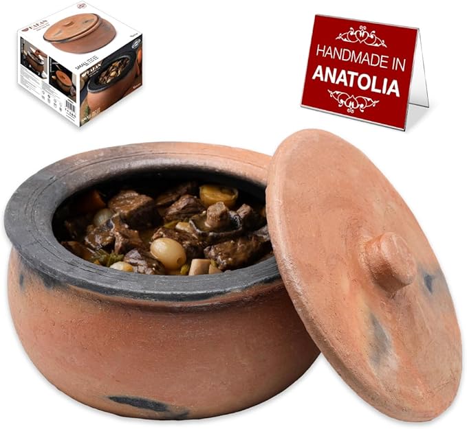 Hakan Efes Terracotta Cooking Pot with Lid, LARGE 4.4 Quarts Clay Pots for Cooking, Rice Pots, UNGLAZED Twice Baked Traditional Casserole for Cooking on STOVE Top, Vintage Roaster, 142 oz (4.2 L)
