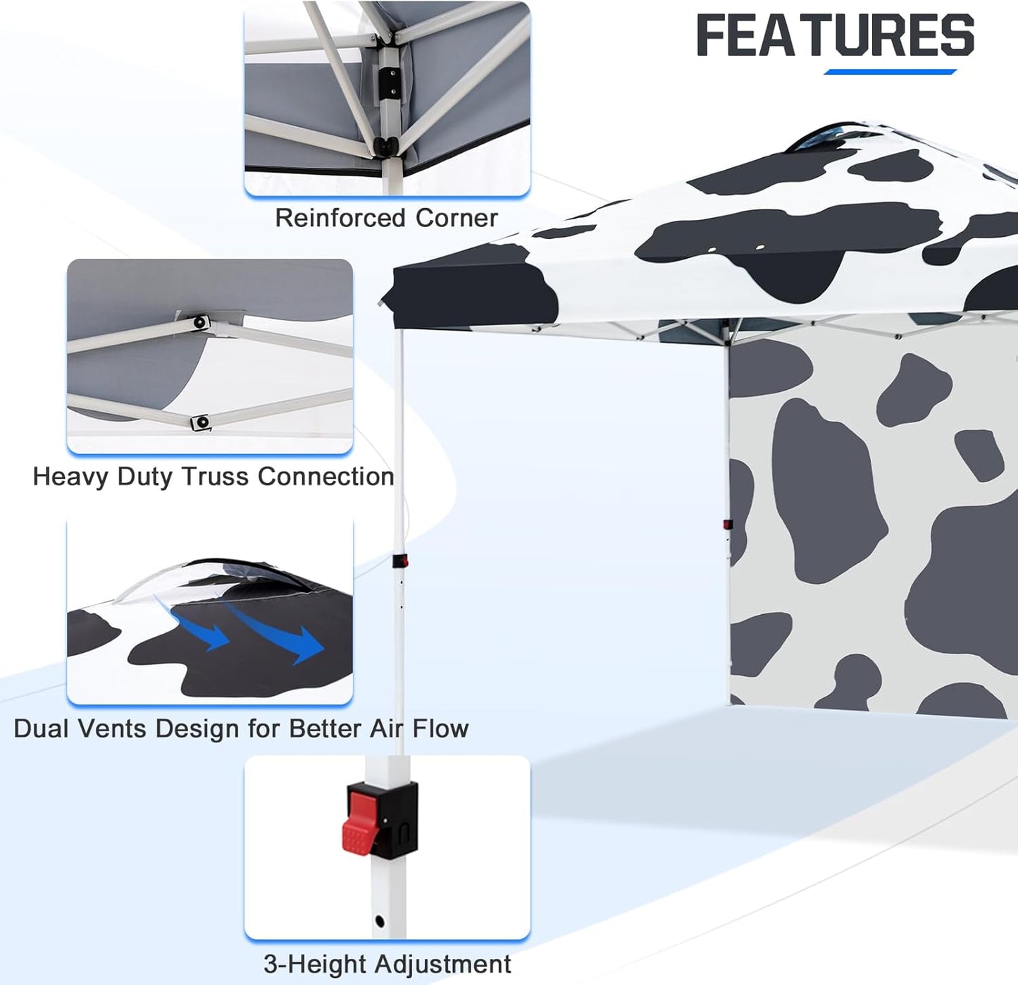 EAGLE PEAK Pop Up Canopy Tent with 1 Sidewall, Easy Setup Event Tent, Outdoor Sun Shade, Wheeled Carry Bag, Stakes and Guy Ropes, Instant Canopy 10x10, Cow Print