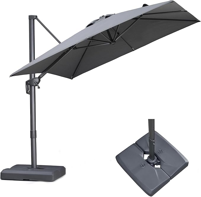 PURPLE LEAF 10 FT Cantilever Patio Umbrella with Base Outdoor Aluminum Offset Square Umbrella with 3 Years Fade Resistance Recycled Fabric and 360-degree Rotation for Deck Pool Gard, Mist Grey