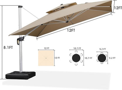 PURPLE LEAF 12 FT Cantilever Patio Umbrellas with Base Included, Large Square Offset Umbrella with 360° Rotation, Outdoor Aluminum Pool Umbrella for Pool Lawn Garden, Beige