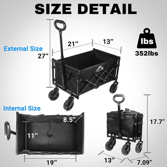 Collapsible Wagon 352LBS Capacity, Foldable Large Carts, Heavy Duty Outdoor Folding Cart with All-Terrain Wheels, Utility Garden Beach Wagon with Storage Bag Black