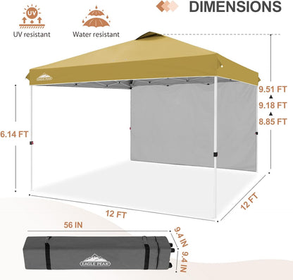 EAGLE PEAK Pop Up Canopy Tent with 1 Sidewall, Easy Setup Event Tent, Outdoor Sun Shade, Wheeled Carry Bag, Stakes and Guy Ropes, Instant Canopy 12x12, Beige