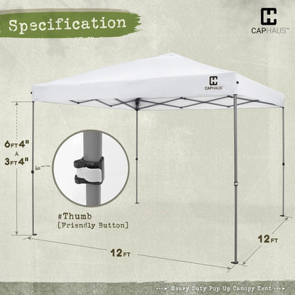 CAPHAUS 12ft x 12ft Patented One-Push Pop Up Outdoor Canopy Tent, Heavy-Duty Commercial Grade w/Central Lock, Portable and Instant Folding Shelter with Wheeled Carry Bag and Weight Bag, White