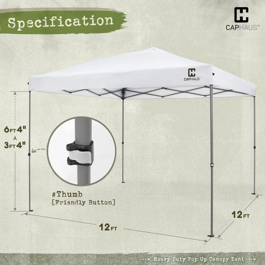 CAPHAUS 12ft x 12ft Patented One-Push Pop Up Outdoor Canopy Tent, Heavy-Duty Commercial Grade w/Central Lock, Portable and Instant Folding Shelter with Wheeled Carry Bag and Weight Bag, White