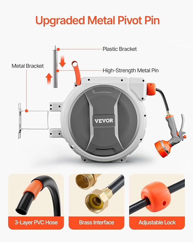 VEVOR Retractable Garden Hose Reel, 1/2 Inch x 145 ft Wall Mounted Hose Reel, Heavy Duty Garden Hose Reel with 9 Patterns Nozzle, Any Length Lock, Upgraded Slow Return System and 180°Swivel Bracket