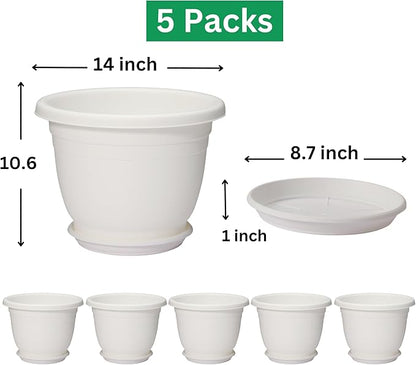 5 Packs 14 inch Flower Pots + Saucer, Planters for Indoor & Outdoor Plants with Drainage Holes | Plastic Flower Pots, Large Planter (White, 14 inch)
