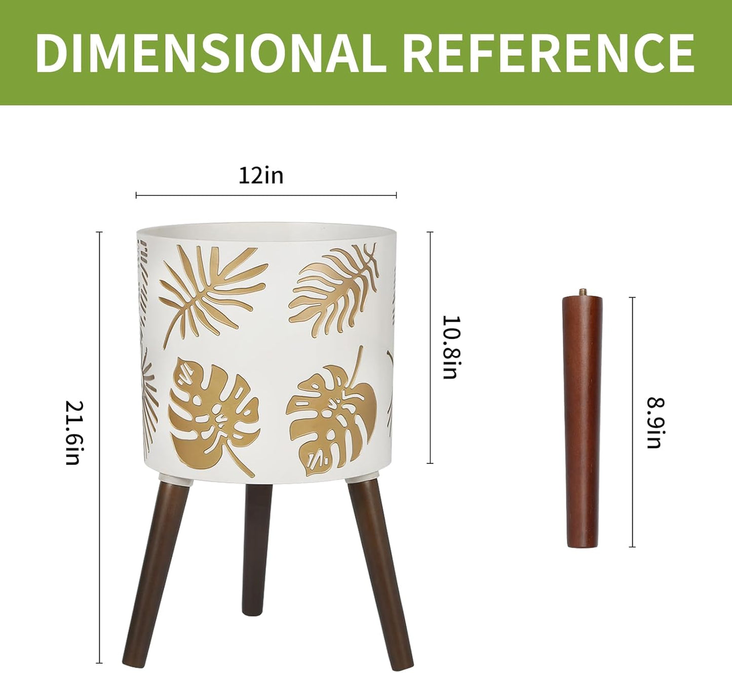 12 Inch Planter for Indoor Plant, Plant Pot with Stand Plants with Stand, Large Planters for Indoor Plants,Flower Pot with Drainage Holes for Outdoor,White and Gold