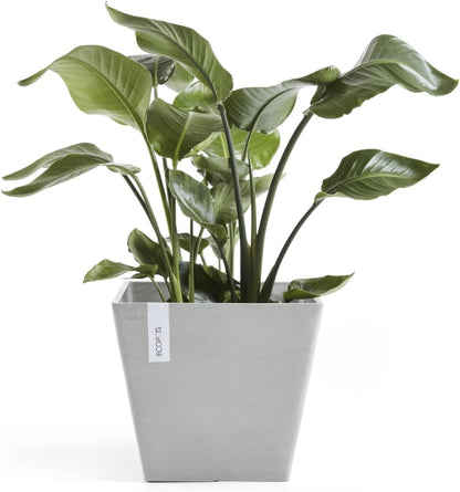 Ecopots Rotterdam Durable Modern Square Indoor/Outdoor Recycled-Based Composite Flower Planter, White Grey, 15.75"