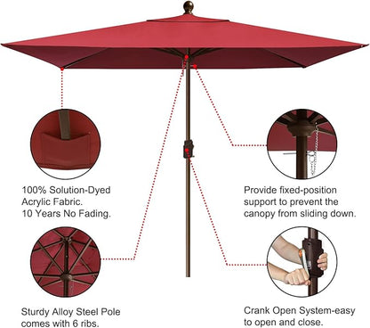 EliteShade USA 10-Year-Non-Fading 6.5x10Ft Rectangular Market Umbrella Patio Umbrella Outdoor Table Umbrella with Ventilation, Burgundy