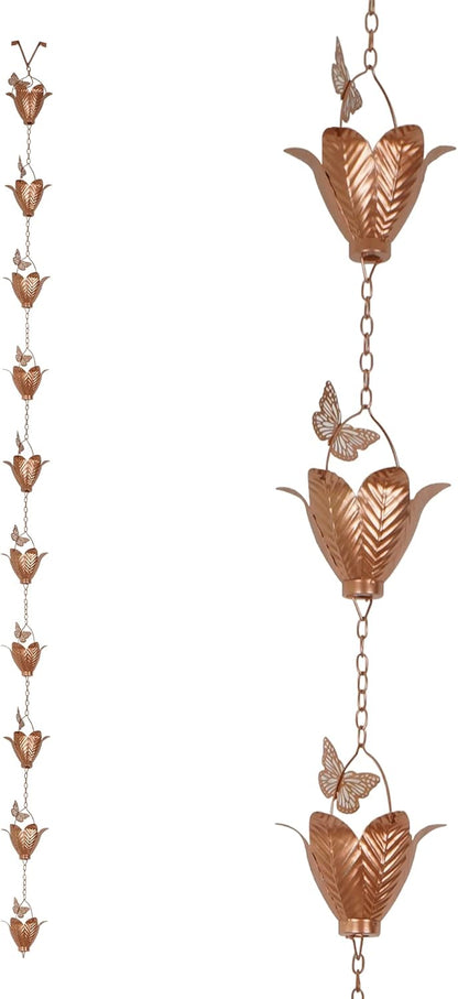 Topadorn 8.7 FT Rain Chain Iron Butterfly Gutter Chains with 10 Rain Collector Thick Iron Flower Cups Garden Decoration