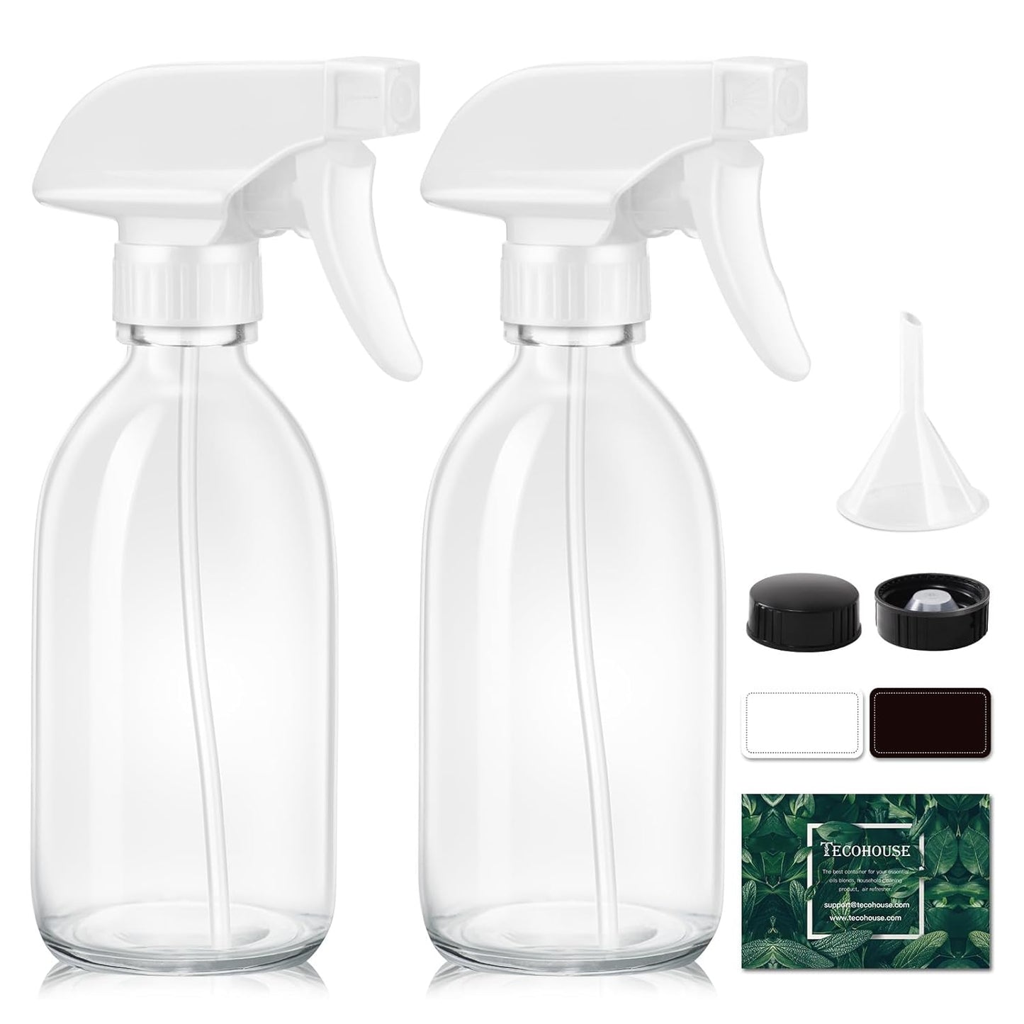 Tecohouse Glass Spray Bottle 8 oz, Clear Small Empty Refillable Sprayer Container with Labels, Funnel, Lids, Graduated Pipettes - Handheld Size