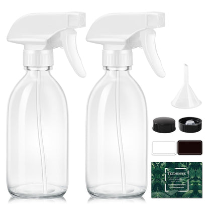 Tecohouse Glass Spray Bottle 8 oz, Clear Small Empty Refillable Sprayer Container with Labels, Funnel, Lids, Graduated Pipettes - Handheld Size