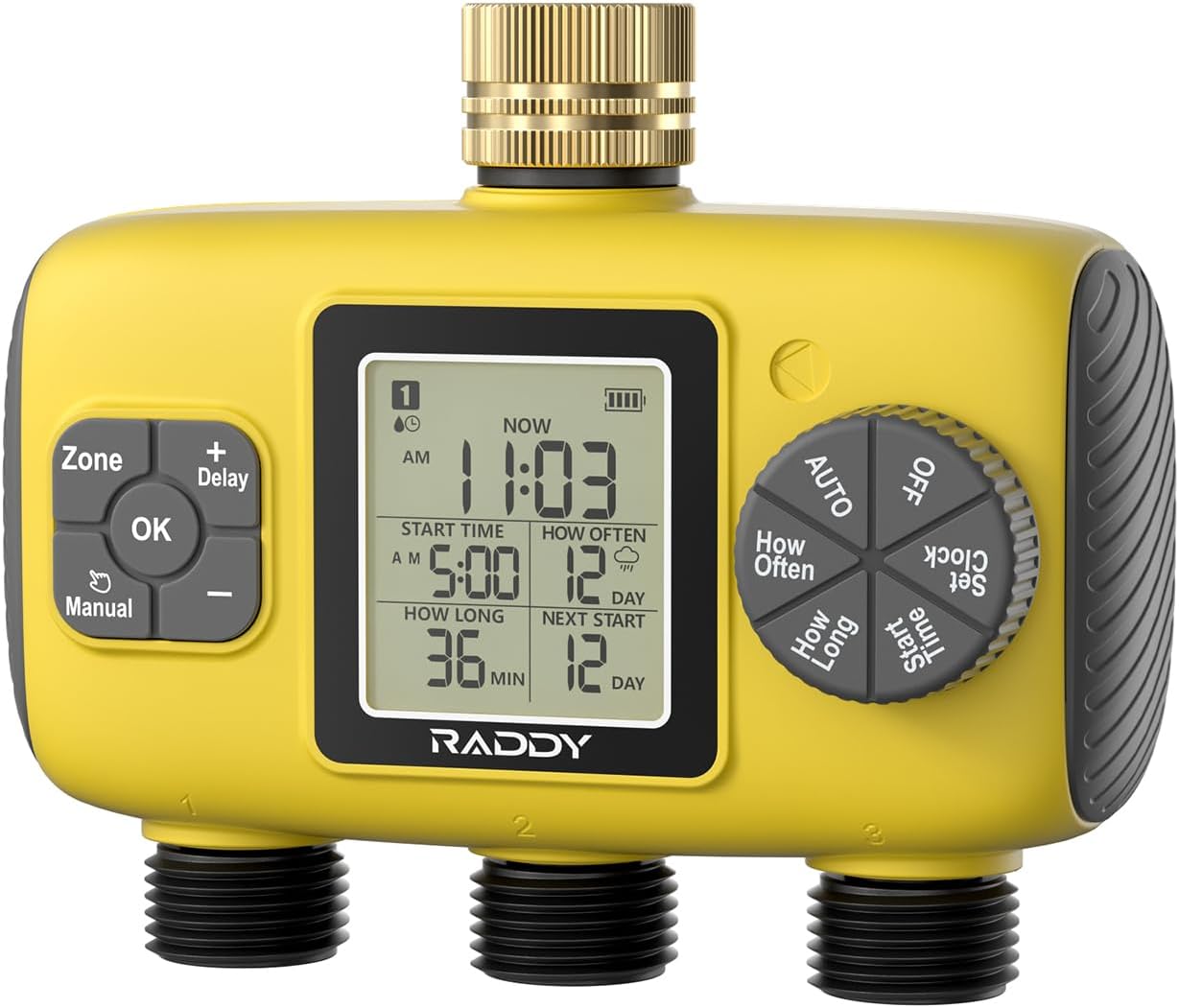 Raddy WS-8 Sprinkler Timer 3 Zone, Heavy-Duty Outdoor Irrigation Controller with Manual Watering, Rain Delay, High-Pressure 6V Valve, Fully Waterproof for Garden Yard, Yellow