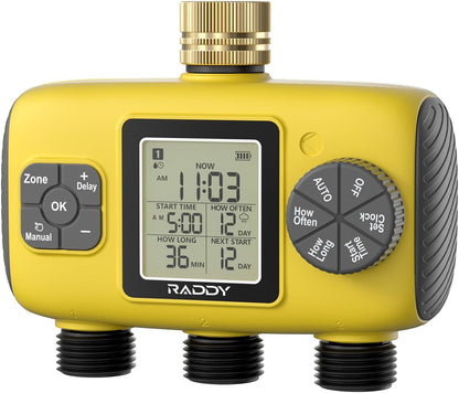 Raddy WS-8 Sprinkler Timer 3 Zone, Heavy-Duty Outdoor Irrigation Controller with Manual Watering, Rain Delay, High-Pressure 6V Valve, Fully Waterproof for Garden Yard, Yellow