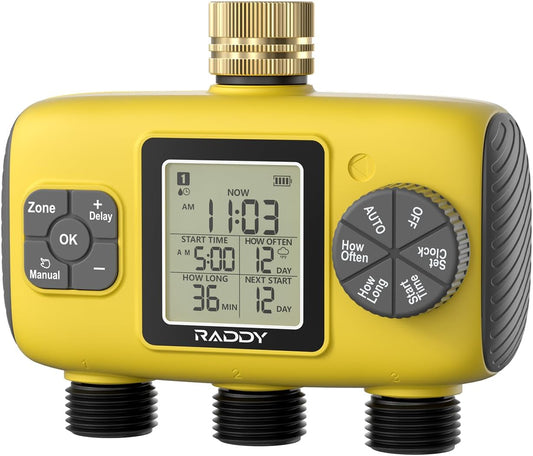 Raddy WS-8 Sprinkler Timer 3 Zone, Heavy-Duty Outdoor Irrigation Controller with Manual Watering, Rain Delay, High-Pressure 6V Valve, Fully Waterproof for Garden Yard, Yellow
