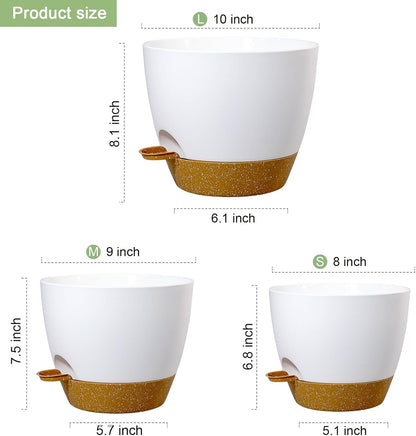 10/9/8 inch Medium Self Watering Pots, Planter, Plant Pots with Mesh Drainage Holes for Indoor Outdoor Garden Plants, Plastic Flower Pots with Removable Deep Reservoir, White with Brown