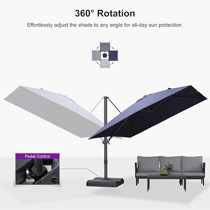 PURPLE LEAF 10' × 10' Patio Cantilever Umbrella Outdoor Square Adjustable Offset Umbrellas with 360-degree Rotation and 8 Heavy Duty Metal Ribs for Garden Deck Pool Navy Blue