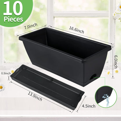 Window Box Planter, 10 Pack Plastic Vegetable Flower Planters Boxes 17 Inches Rectangular Flower Pots with Saucers for Indoor Outdoor Garden, Patio, Home Decor (Black)